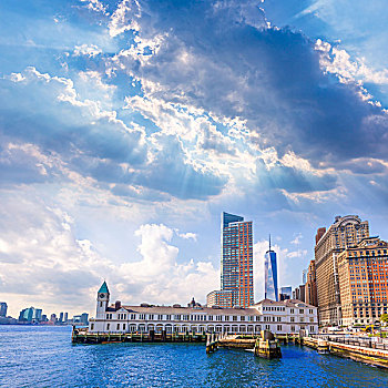 码头,炮台公园,曼哈顿,天际线,纽约,生动,天空