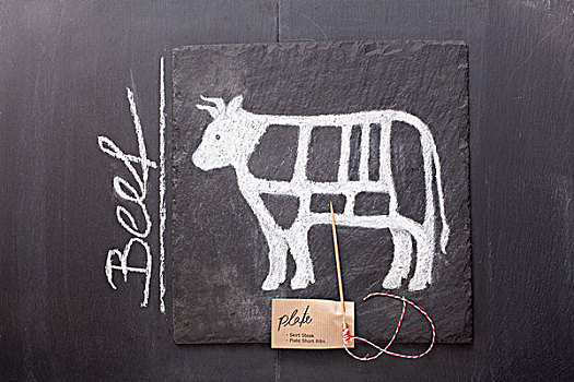 素描,母牛,肉,标签,文字,黑板