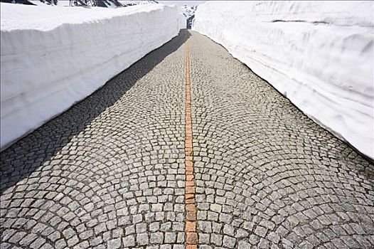 鹅卵石,石板路,老,道路,高,墙壁,雪,瑞士,欧洲