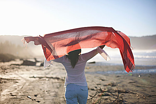 后视图,女人,拿着,向上,红色,围巾,海滩,日落,城市,加利福尼亚,美国