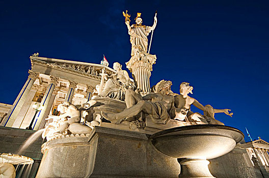 议会,建筑,黃昏,喷泉,环城大道,街道,维也纳,奥地利,欧洲