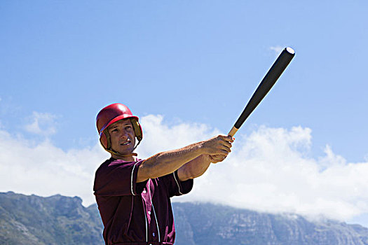 棒球,玩,击打,球棒,山,站立,天空