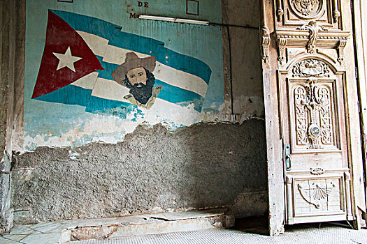 古巴,哈瓦那,餐馆,楼梯,洗衣服,内庭,位置,壁画,革命,英雄,西恩富戈斯,使用,只有