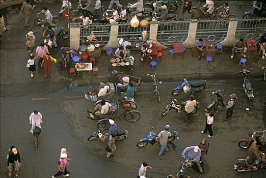越南,城市,摩托车,骑手,骑车,行人,街道
