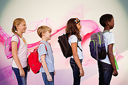合成效果,图像,学童,站立,学校,走廊,粉色,抽象,设计