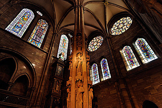 柱子,天使,内景,斯特拉斯堡,大教堂,圣母教堂,阿尔萨斯,法国,欧洲