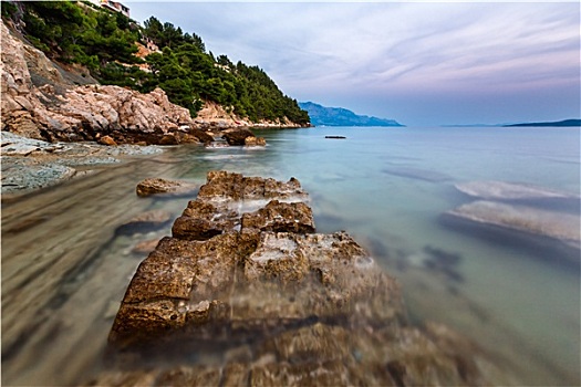 岩石,海滩,透明,亚德里亚海,靠近,晚上,达尔马提亚,克罗地亚