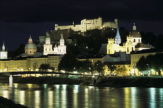 奥地利,夜晚,牢固,城堡,桥,上方,多瑙河