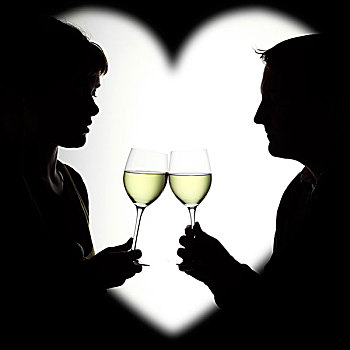 剪影,情侣,享受,白葡萄酒,框架,心形