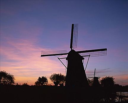 剪影,风车,日落,金德代克,荷兰
