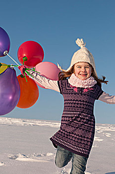女孩,气球,跑,山,冬天