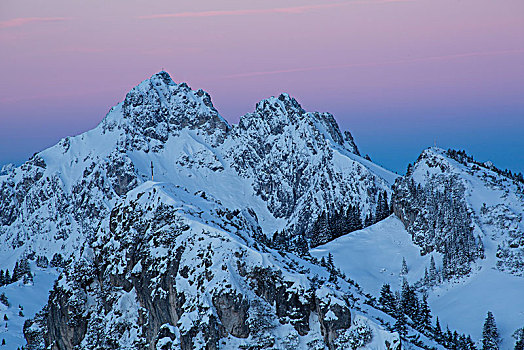 日出,山,冬天,风景,靠近,乌伯阿玛高,阿尔卑斯山,上巴伐利亚,巴伐利亚,德国