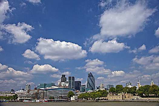 伦敦,英格兰,城市风光,泰晤士河,河,老,新,漂亮,白天,蓝天,白色,蓬松,云