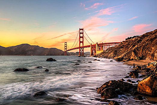 金门大桥,海滩,日落,岩石海岸,旧金山,美国,北美