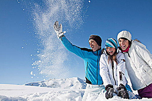 伴侣,女儿,滑雪,穿戴,投掷,雪,空中