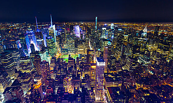俯拍,城市,曼哈顿中城,夜晚,纽约,美国