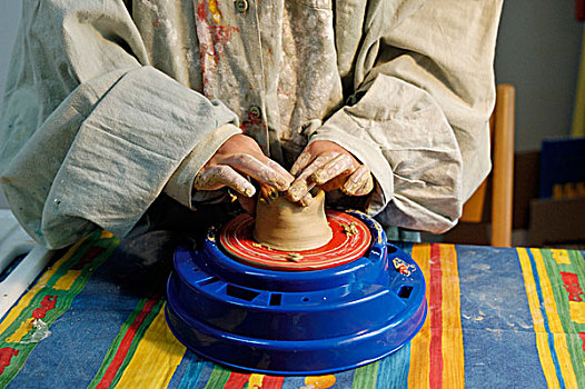 制作,陶器,转,罐,粘土,轮子