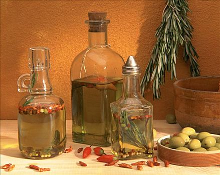 瓶子,橄榄油,调味品,药草,橄榄