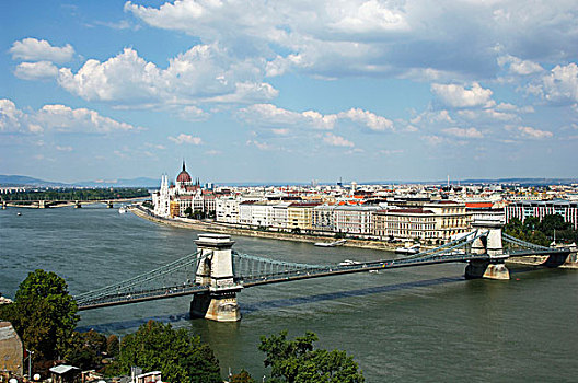 匈牙利,布达佩斯,链索桥,上方,多瑙河