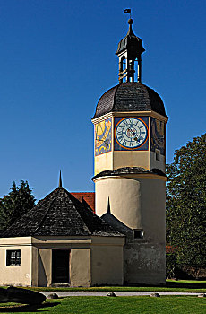 老,钟表,塔,16世纪,城堡,复杂,布格豪森,上巴伐利亚,德国,欧洲