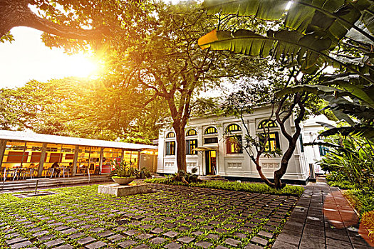 場景,餐館,前院,日落