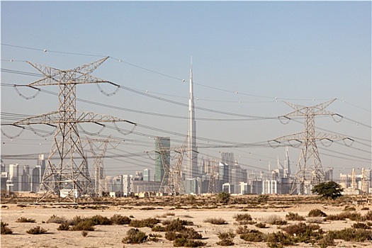 地平线,迪拜,电线,前景,阿联酋