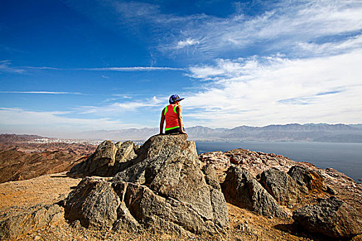 女性,远足,享受,风景,顶峰,埃拉特,山,以色列