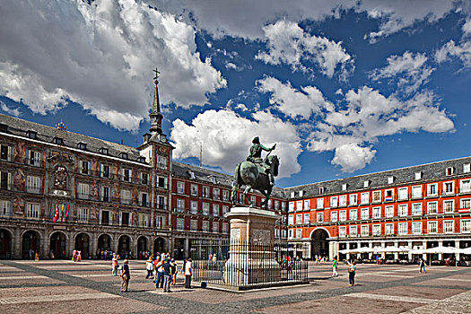 大,广场,老,建筑,人,围绕,雕塑,坐,中心,马德里,西班牙,马约尔广场