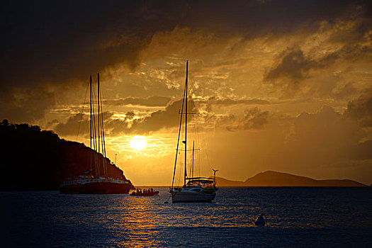 加勒比,英属维京群岛,岛屿,帆船,锚,生动,日落,正面,大幅,尺寸