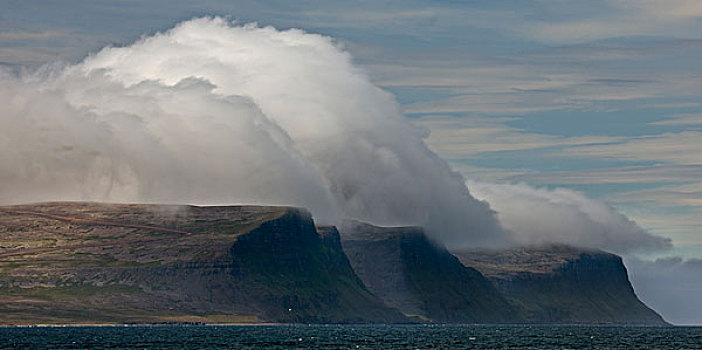 冰岛,壮观,云,堤岸,上方,悬崖