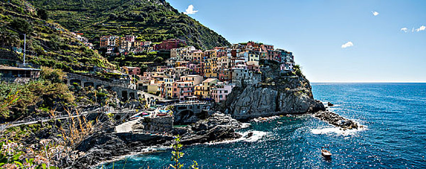 彩色,房子,悬崖,马纳罗拉,五渔村,拉斯佩齐亚省,利古里亚,意大利,欧洲