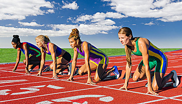 四个,女性,运动员,竞技,赛道,开端,比赛