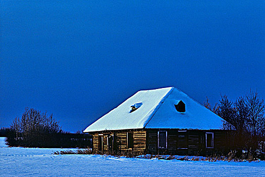 积雪,农舍,夜晚,艾伯塔省,加拿大