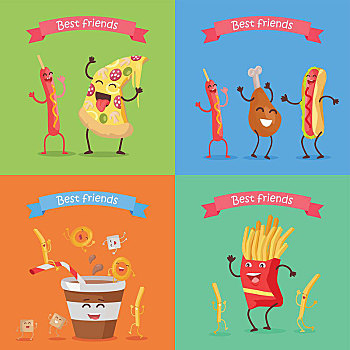 有趣,食物,孩子气,菜单,概念,旗帜,好友,香肠,比萨饼,鸡肉,热狗,苏打,可乐,炸薯条,卡通,乐趣,跳舞,高兴,矢量,设计,插画