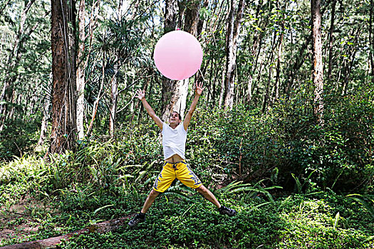 男人,气球,木,轻盈,自由,山,夏威夷大岛,夏威夷,美国