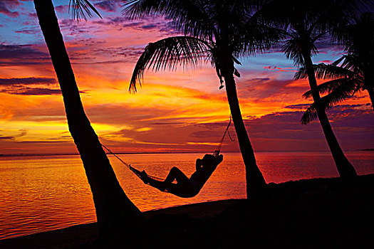 女人,吊床,棕榈树,日落,珊瑚海岸,维提岛,斐济,南太平洋