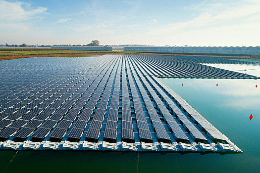 漂浮,太阳能电池板,水上,供给,温室,俯视图,荷兰