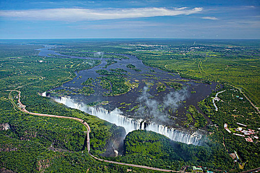 航拍,维多利亚瀑布,莫西奥图尼亚,烟,赞比西河,津巴布韦,赞比亚,边界,非洲