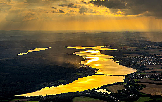 金色,落日,反射,水库,水,秋天,藻厄兰,北莱茵威斯特伐利亚,德国
