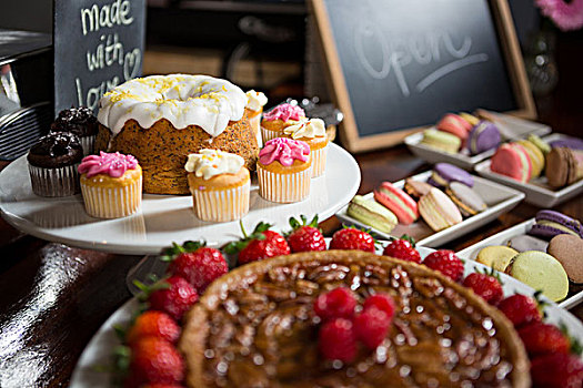 特写,草莓,馅饼,蛋糕,展示,台案,糕点店,店