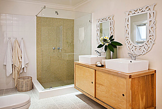 复古,木质,餐具柜,相似,盥洗池,仰视,镜子,靠近,现代,玻璃,淋浴,小间