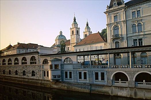 大教堂,卢布尔雅那河,河,市场,卢布尔雅那,斯洛文尼亚