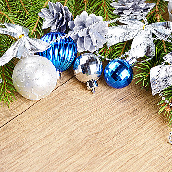 圣诞节,背景,蓝色,银球,上方,木桌子