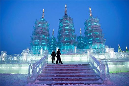 晚间,壮观,冰,雕塑,哈尔滨,中国,元宵节,2009年