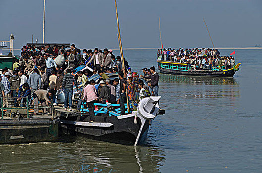 乡村,渡船,拿,一个,钟点,强势,雅鲁藏布江,河,印度,亚洲