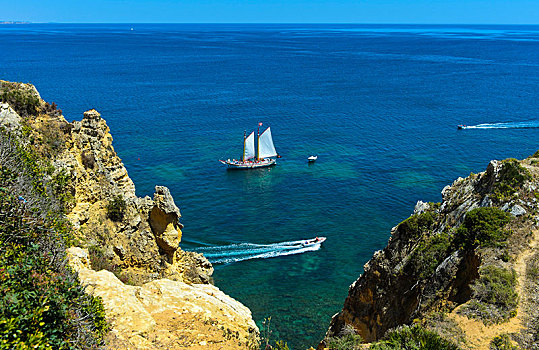 帆船,摩托艇,海滩,拉各斯,阿尔加维,葡萄牙,欧洲