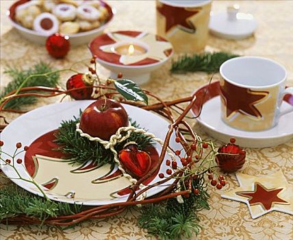 圣诞气氛,桌饰,苹果,冷杉,嫩枝