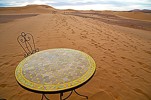 桌子,座椅,沙漠,撒哈拉沙漠,摩洛哥,非洲,黄色,沙子