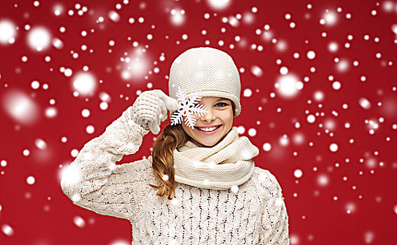 冬天,人,高兴,概念,微笑,女孩,帽子,围巾,手套,大,雪花