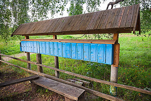 老,生锈,蓝色,邮箱,排列,小,俄罗斯,乡村